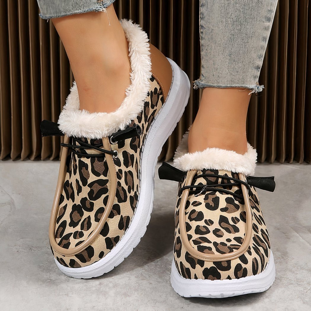 Faux fur boat moccasins with leopard print