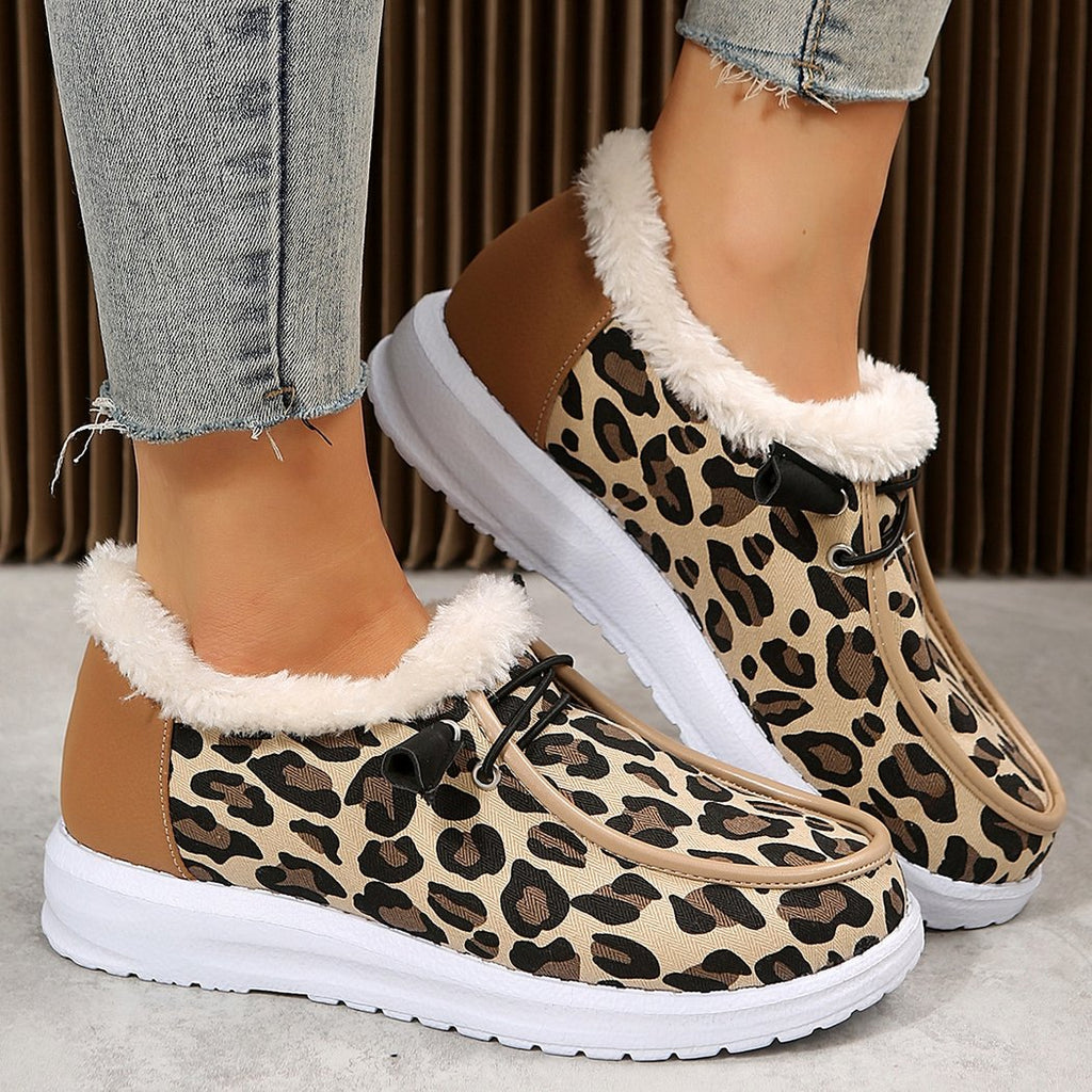Faux fur boat moccasins with leopard print