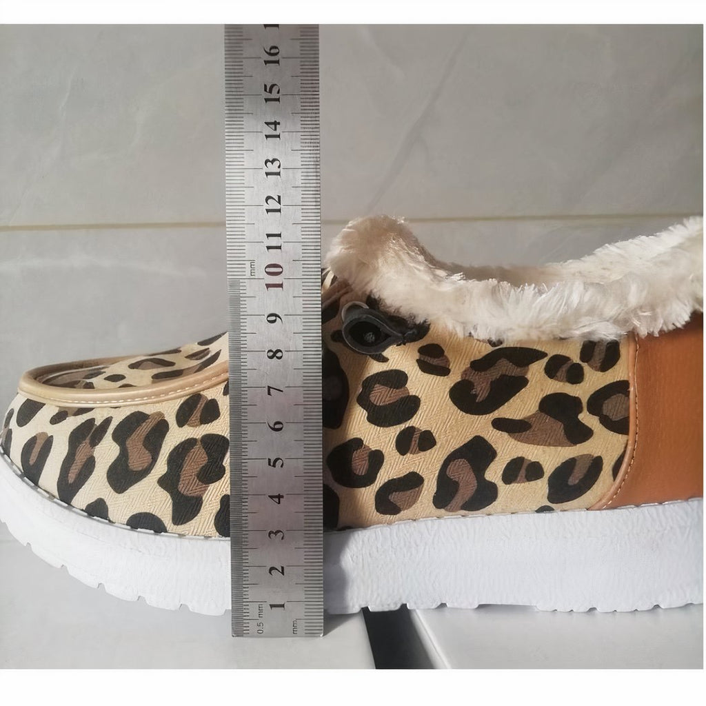 Faux fur boat moccasins with leopard print