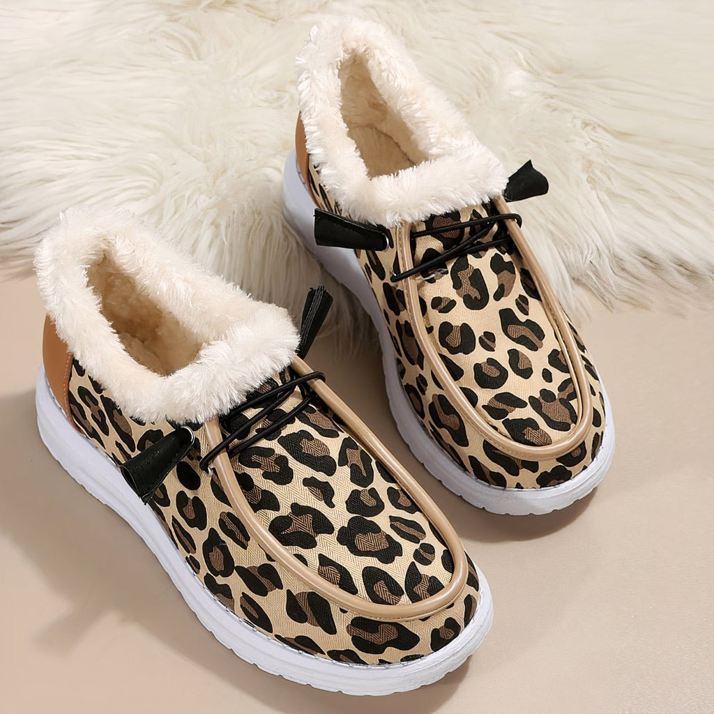 Faux fur boat moccasins with leopard print