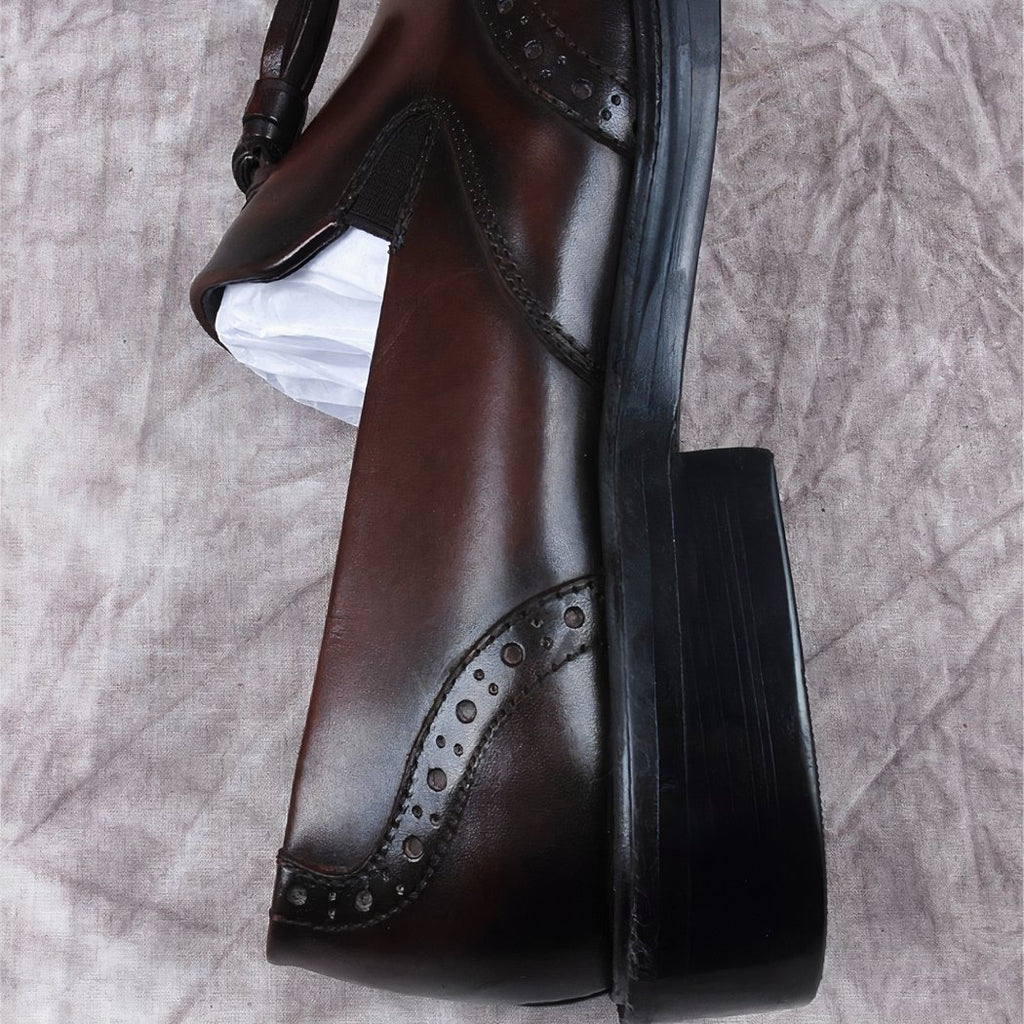 Genuine brown leather tassel loafers for men