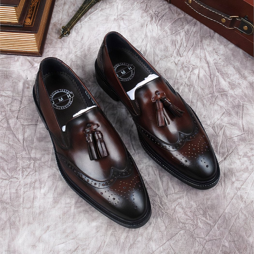 Genuine brown leather tassel loafers for men
