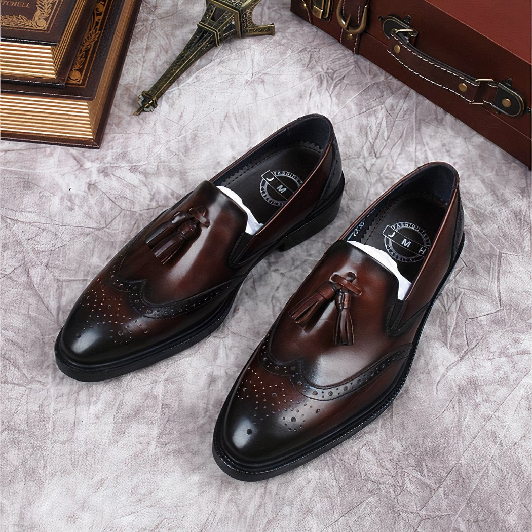 Genuine brown leather tassel loafers for men