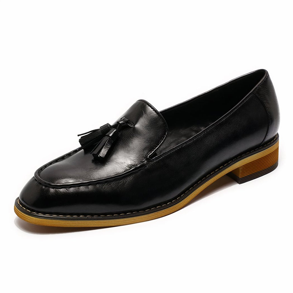 Genuine shiny leather tassel flat loafers for women