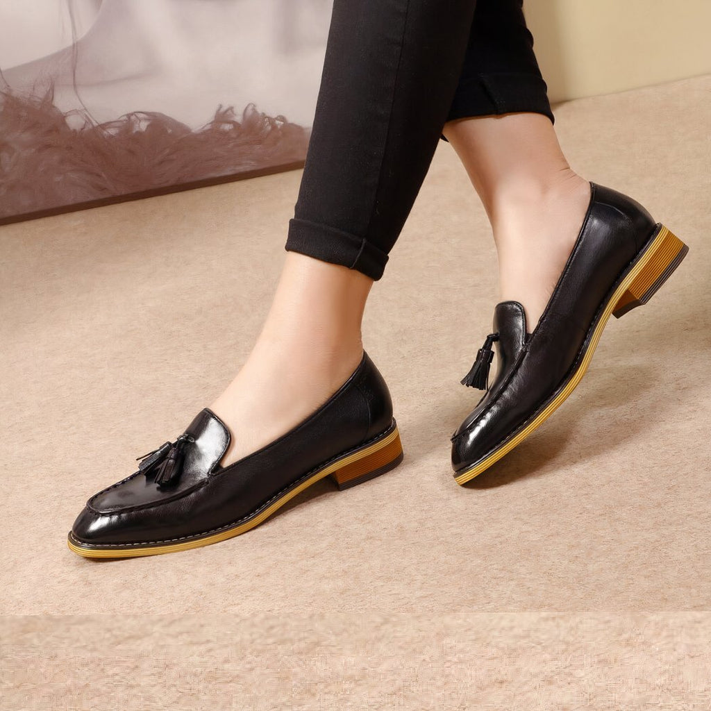 Genuine shiny leather tassel flat loafers for women