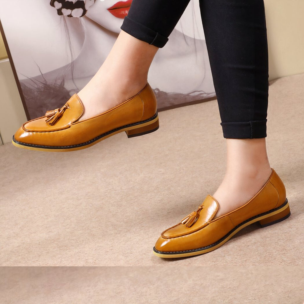 Genuine shiny leather tassel flat loafers for women