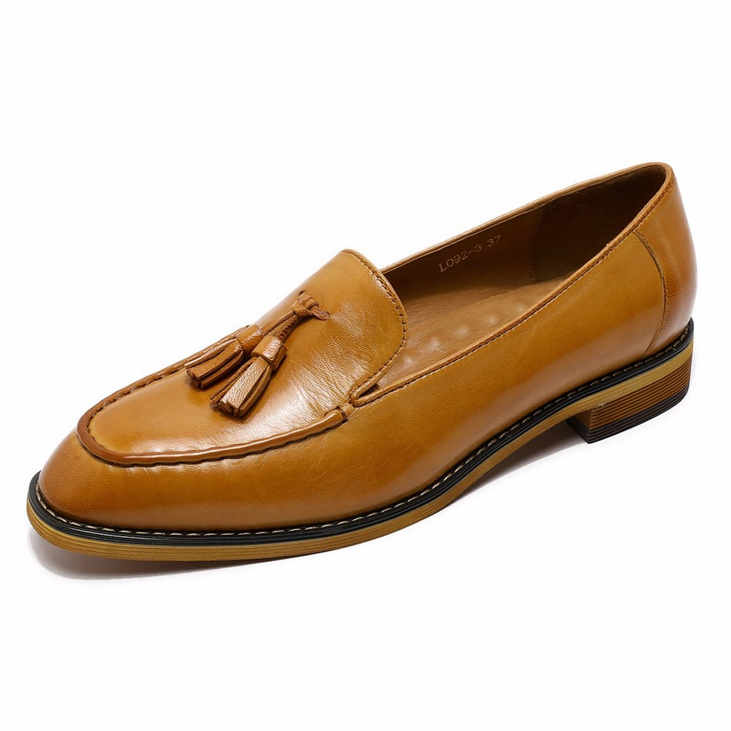 Genuine shiny leather tassel flat loafers for women