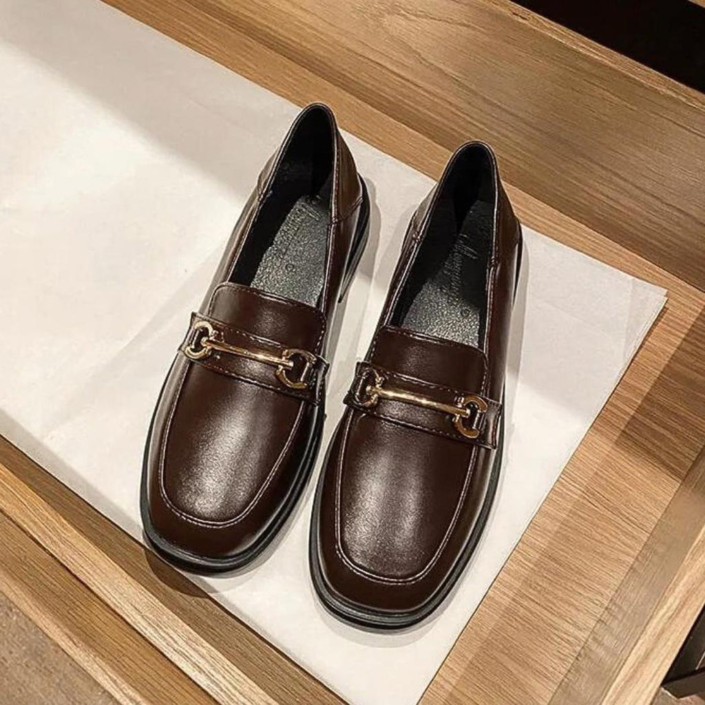 Women's round-toe square-heeled synthetic leather loafers