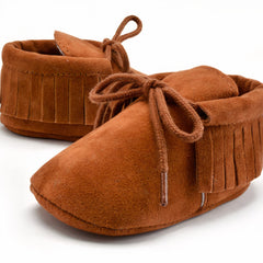 Lace-up baby moccasins with bangs, Brown