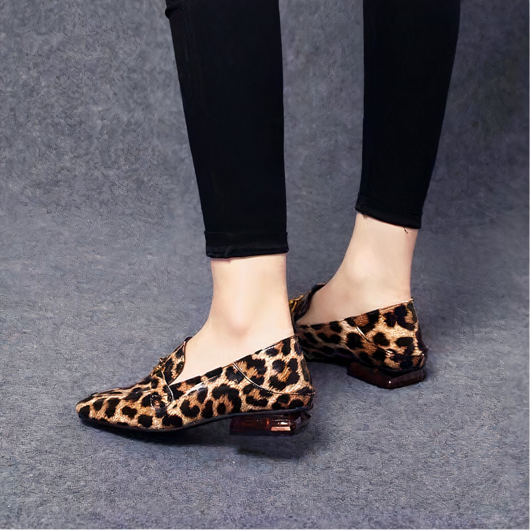 Leopard patent loafers with square heels for women