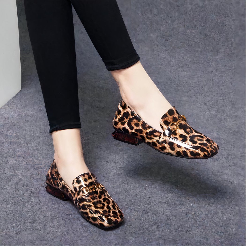 Leopard patent loafers with square heels for women