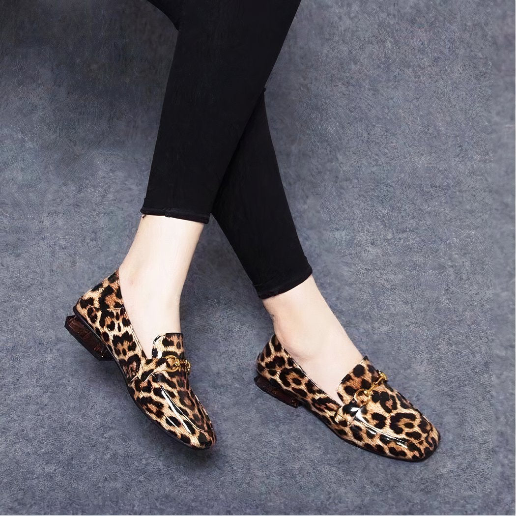 Leopard patent loafers with square heels for women