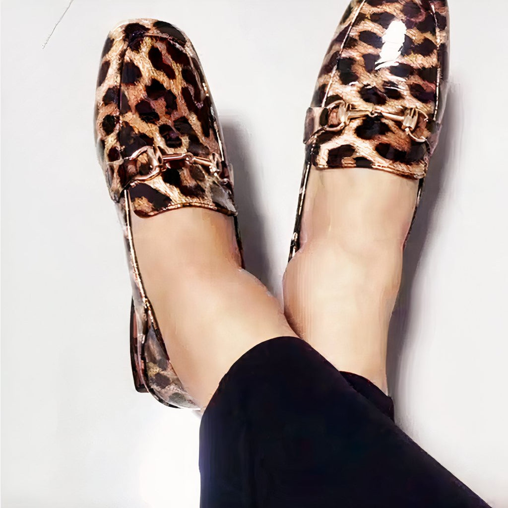 Leopard patent loafers with square heels for women