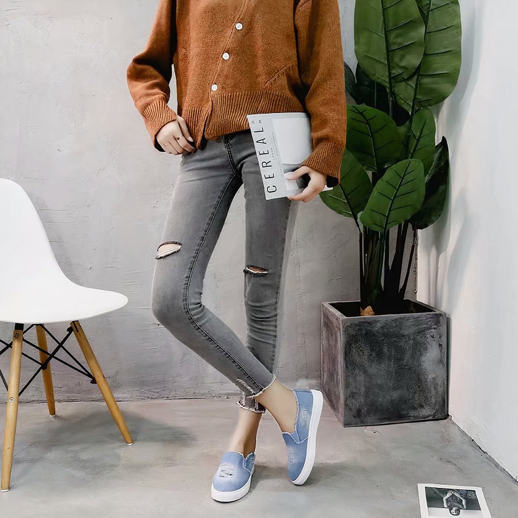 Light washed and ripped denim loafers for women