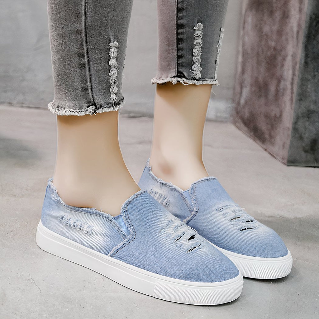 Light washed and ripped denim loafers for women