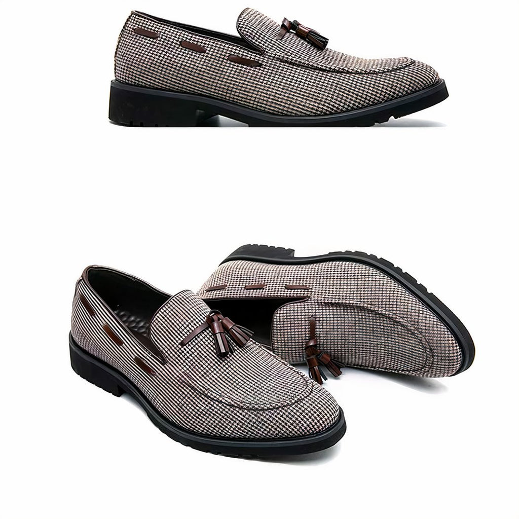 Men's brown and white checkered tassel loafers
