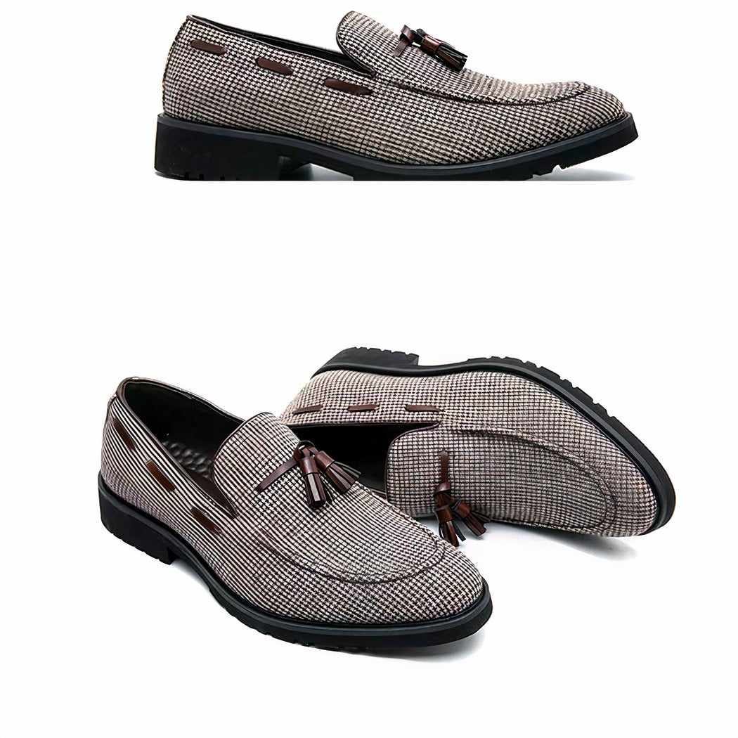 Men's brown and white checkered tassel loafers