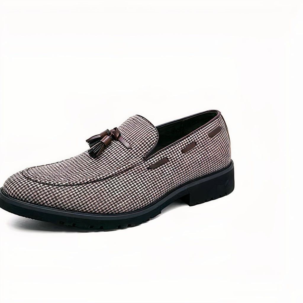 Men's brown and white checkered tassel loafers