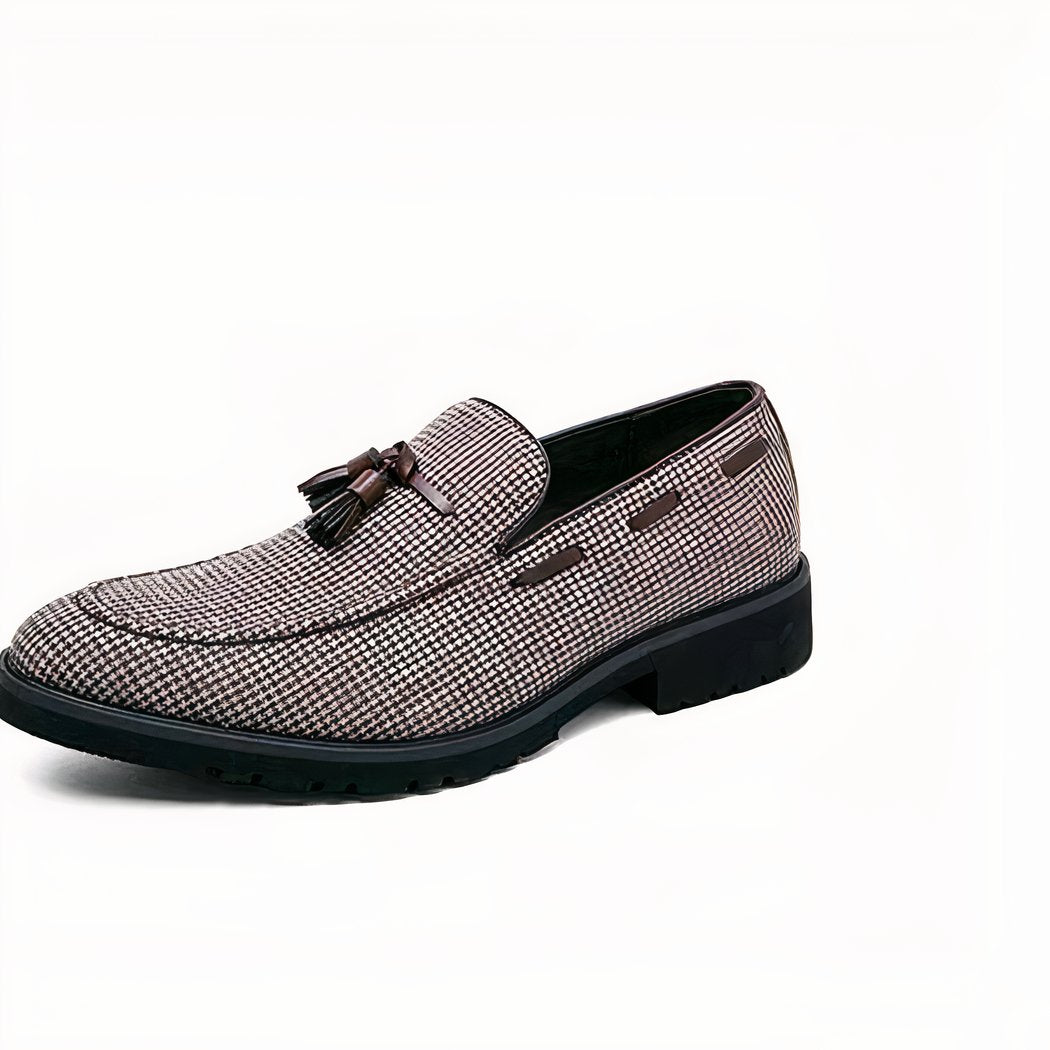 Men's brown and white checkered tassel loafers