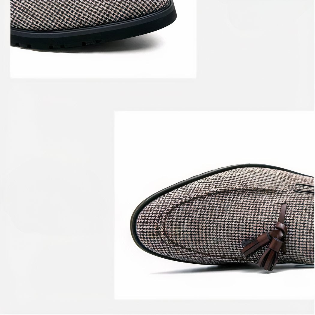 Men's brown and white checkered tassel loafers