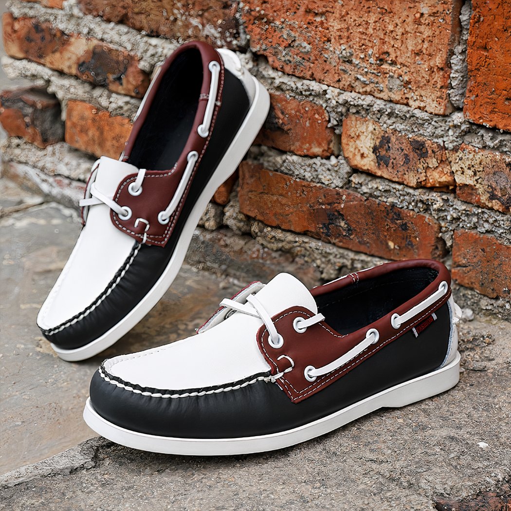 Men's flat tri-color boat loafers
