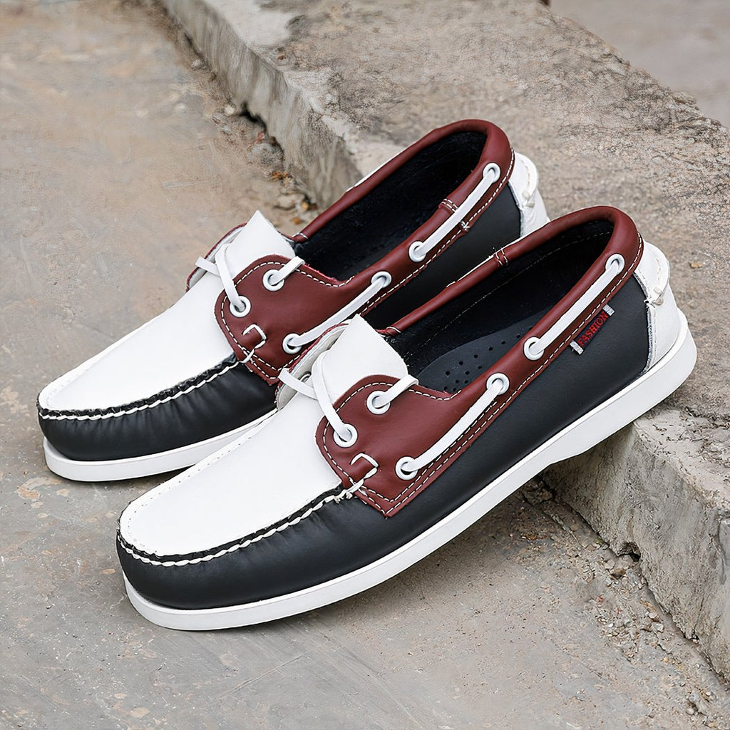 Men's flat tri-color boat loafers