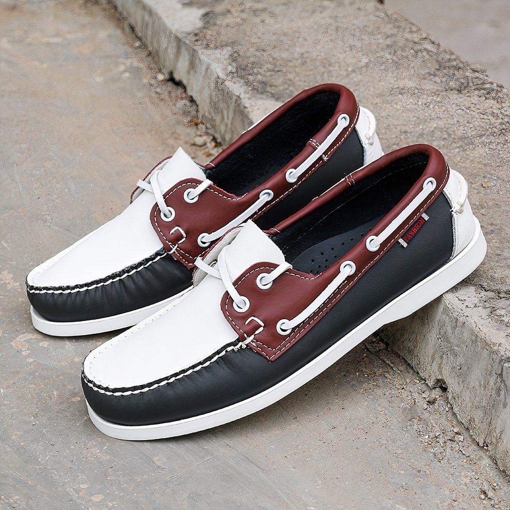 Men's flat tri-color boat loafers