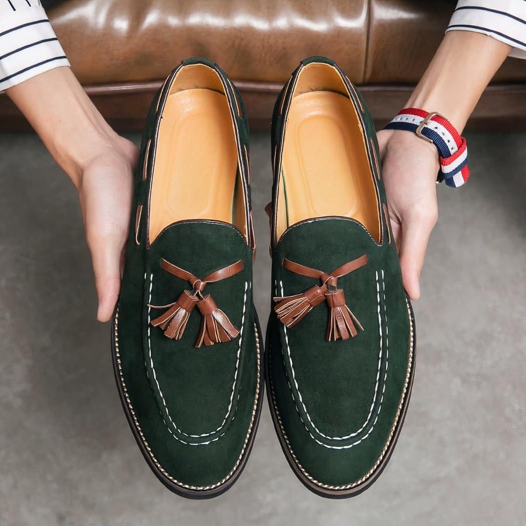 Men's green suede tassel loafers