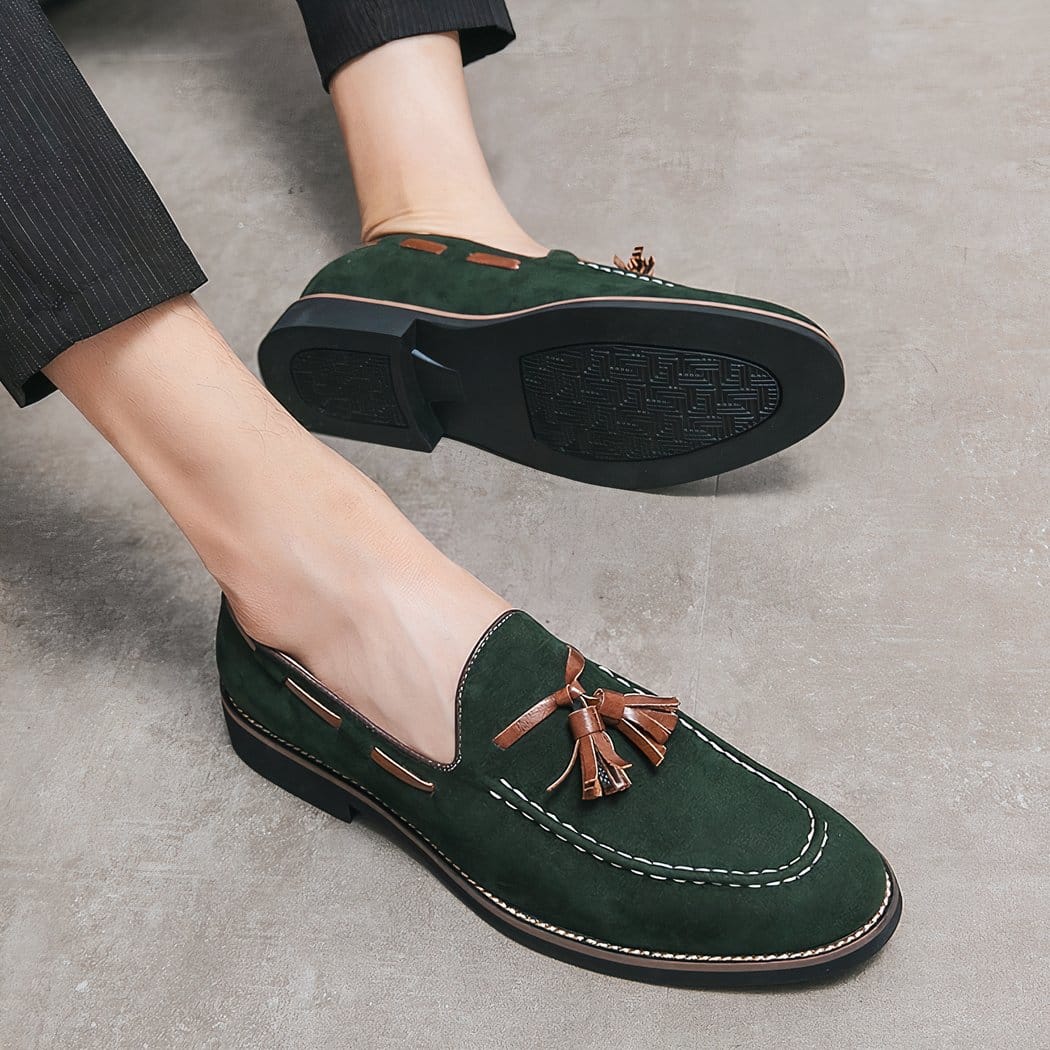 Men's green suede tassel loafers