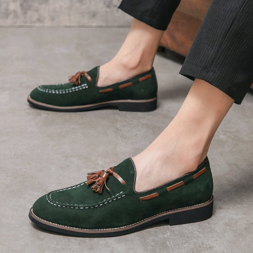 Men's green suede tassel loafers
