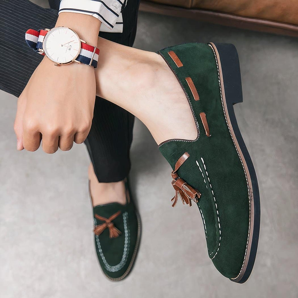 Men's green suede tassel loafers