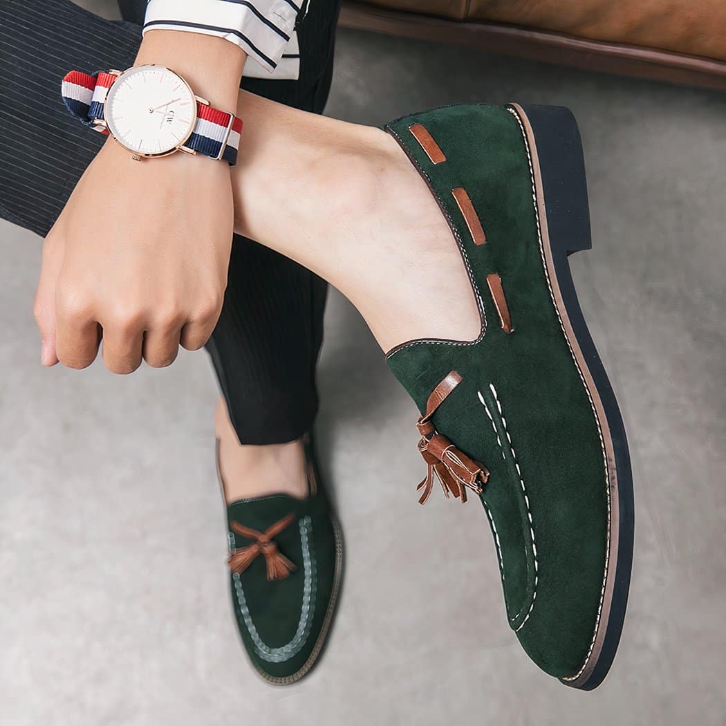 Men's green suede tassel loafers