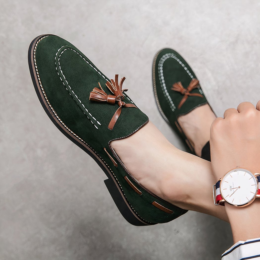 Men's green suede tassel loafers
