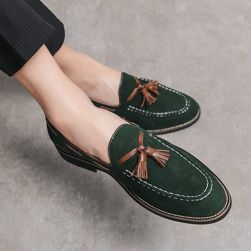 Men's green suede tassel loafers