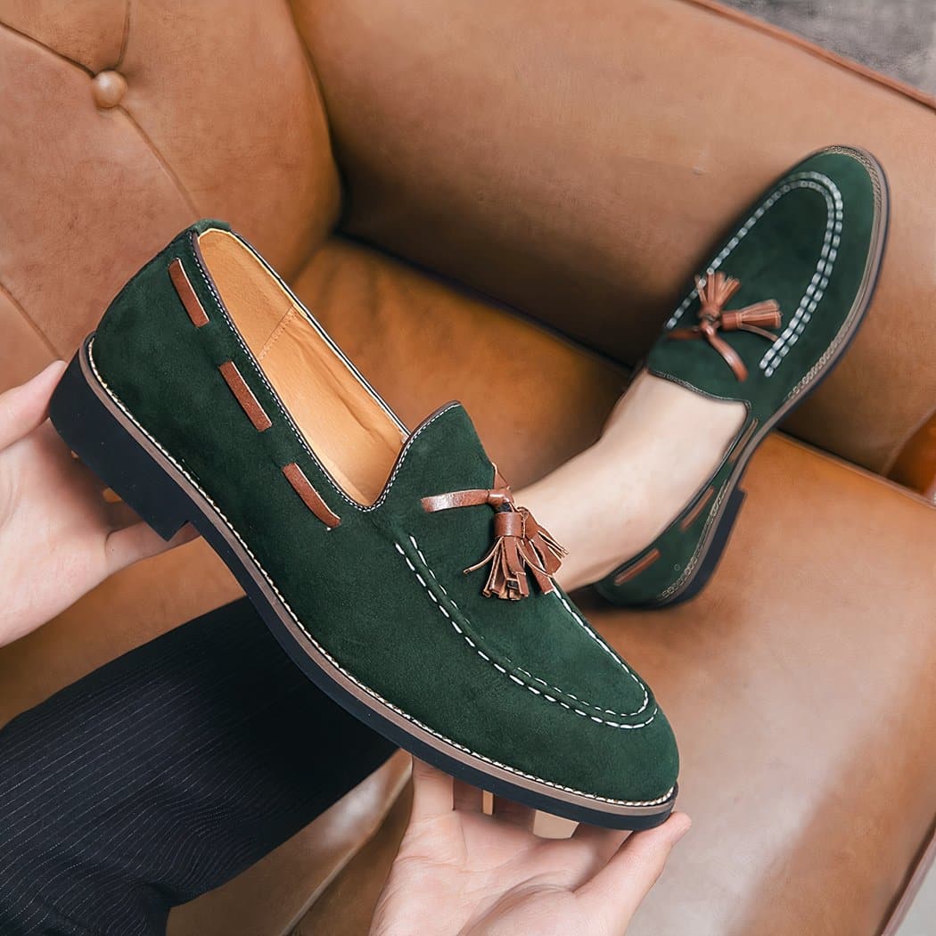 Men's green suede tassel loafers