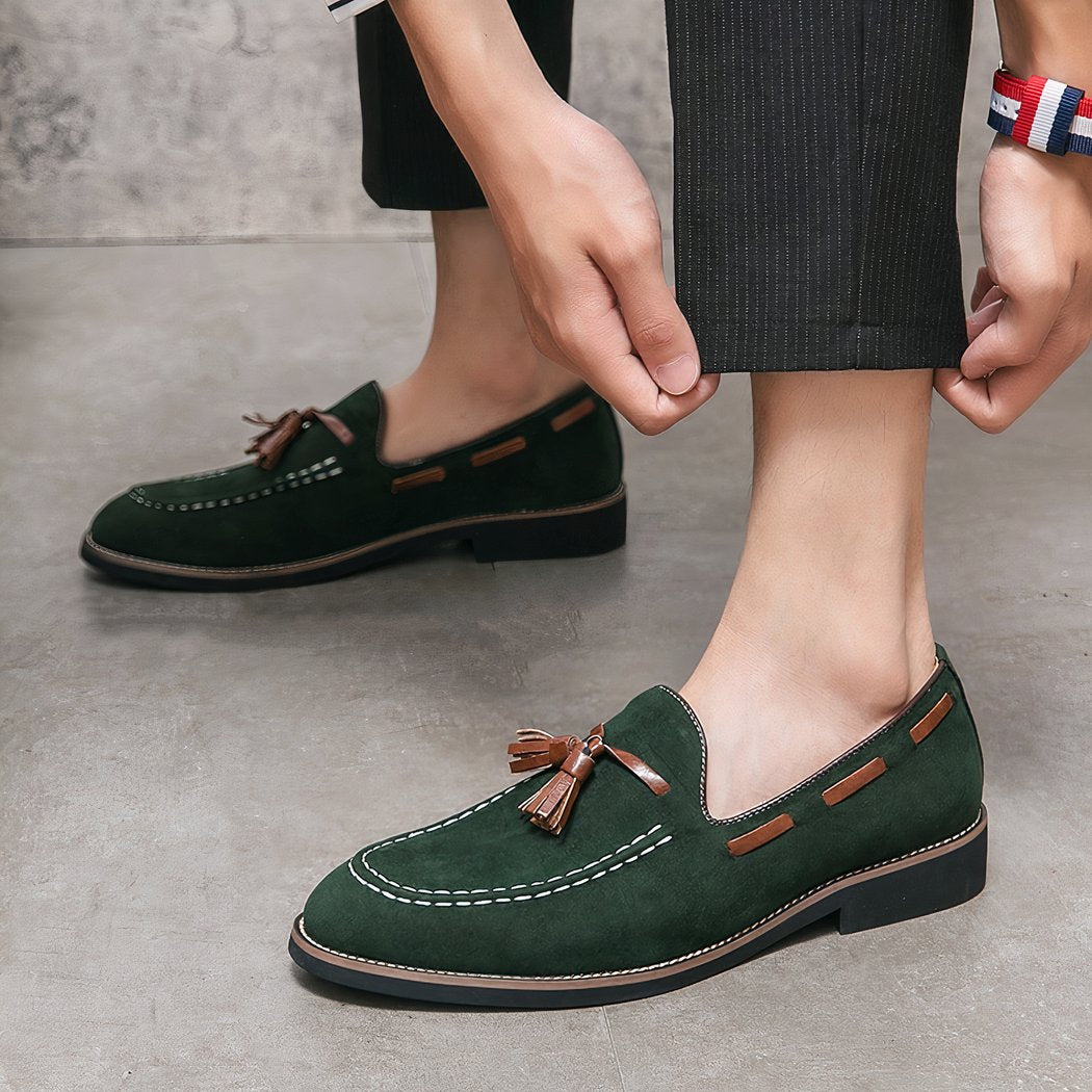 Men's green suede tassel loafers