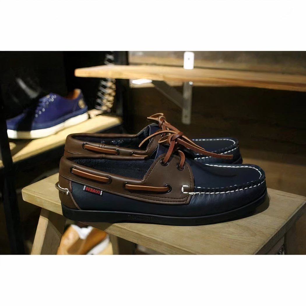 Men's navy blue faux leather boat loafers