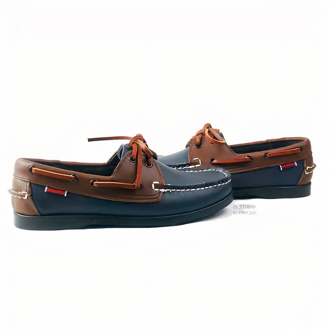 Men's navy blue faux leather boat loafers