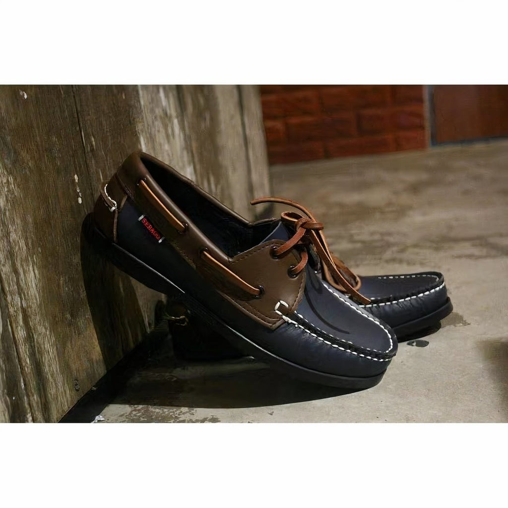 Men's navy blue faux leather boat loafers