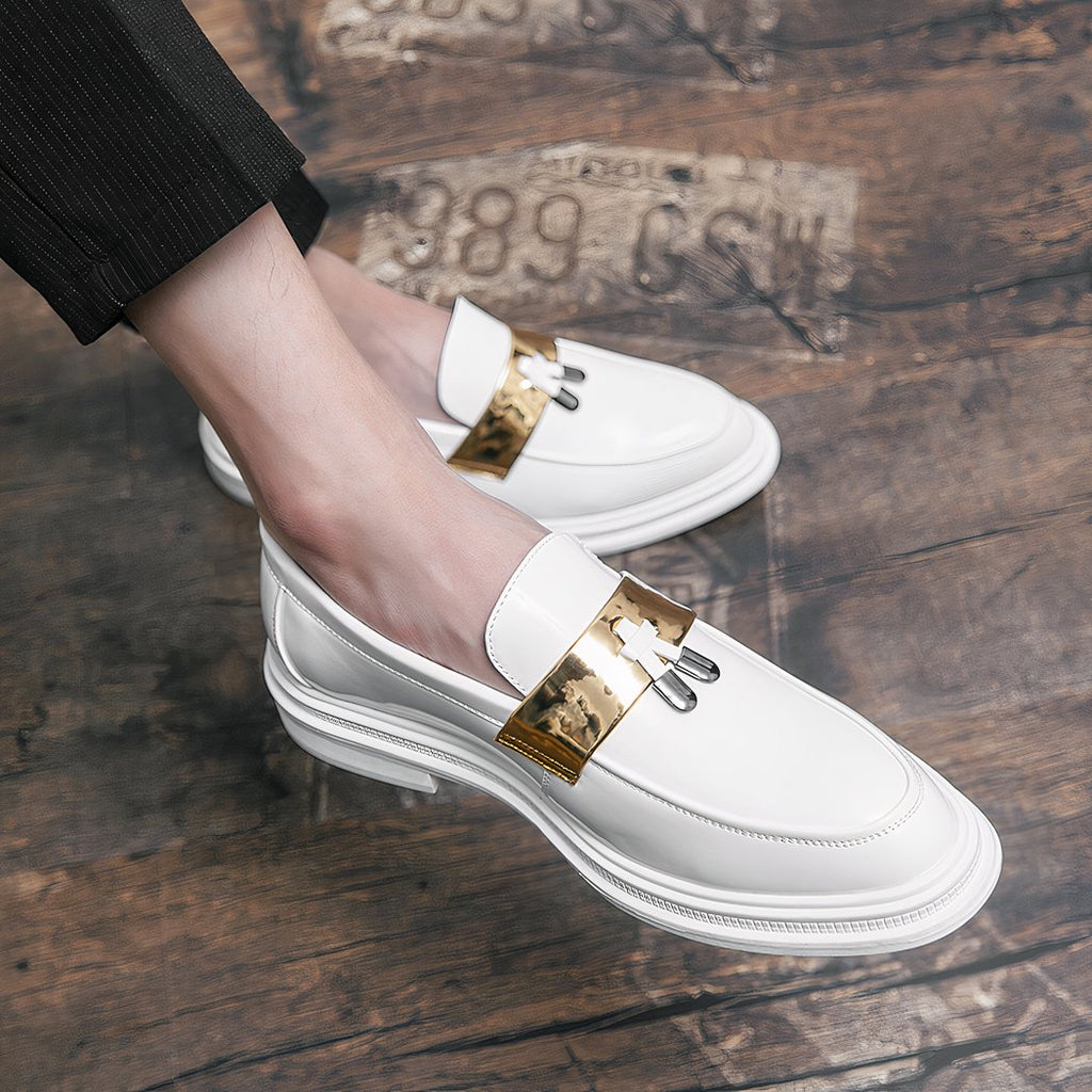 Men's white patent tassel loafers