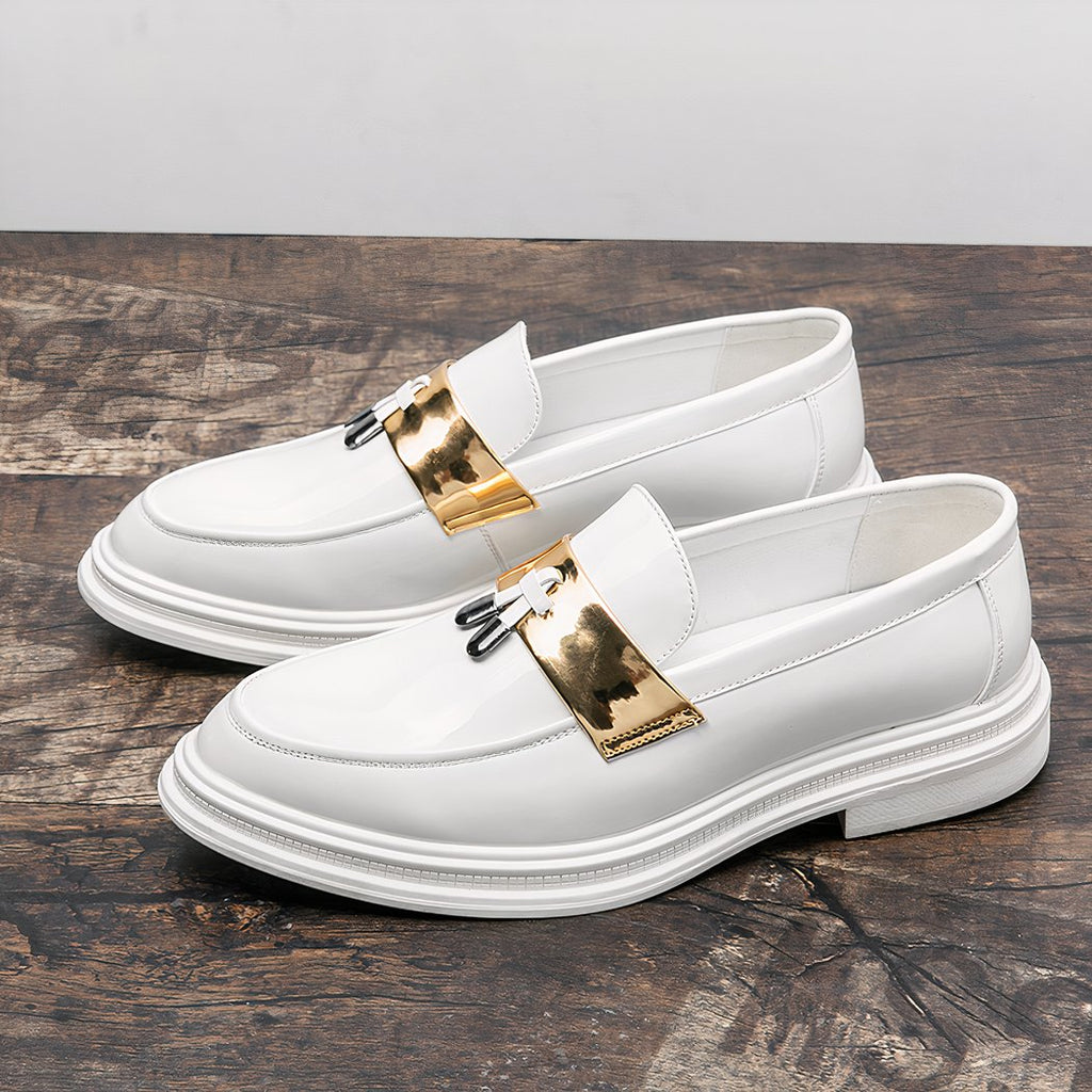 Men's white patent tassel loafers
