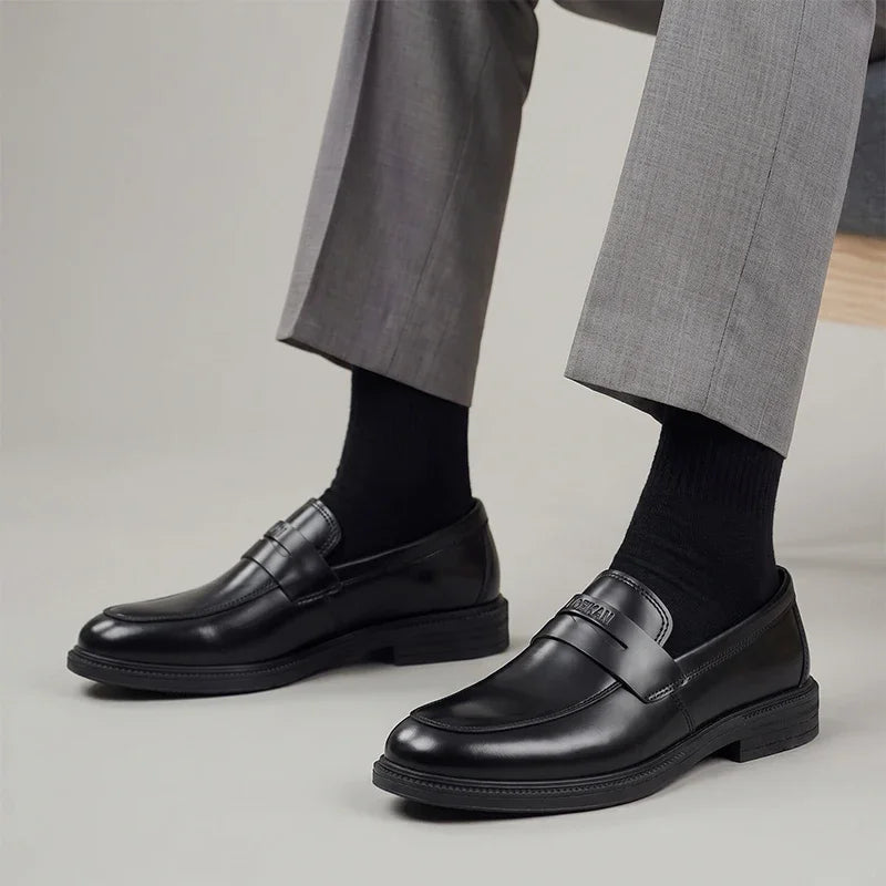 Men's black business loafers with thick sole, front view