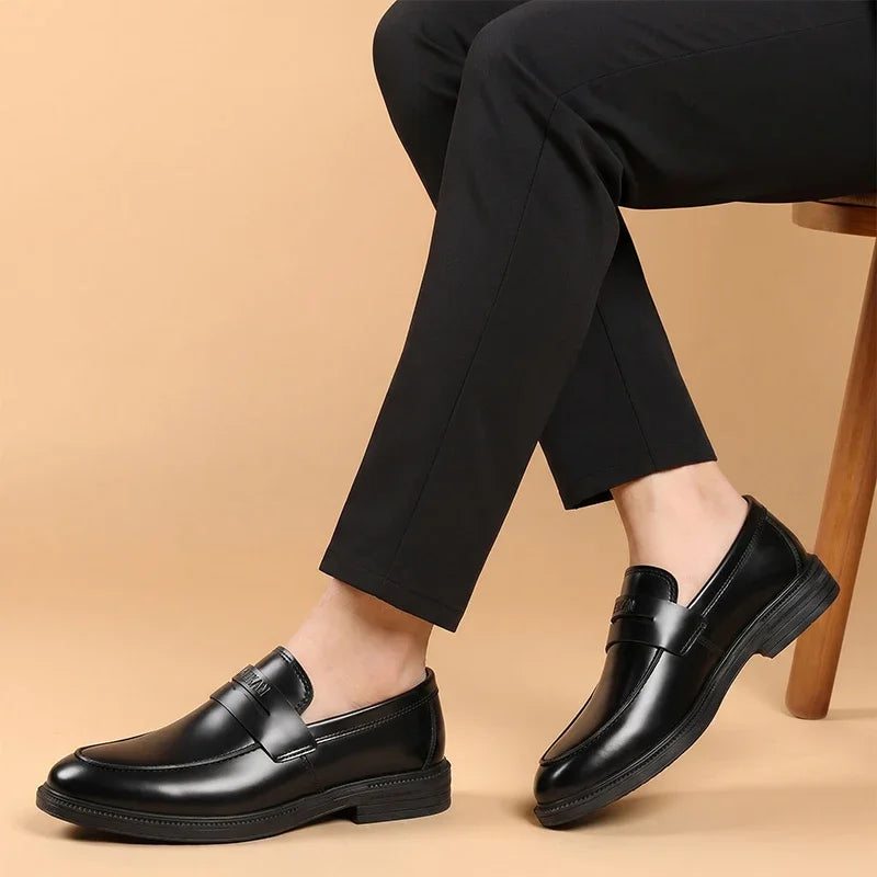 Men's black business loafers with thick sole, side view