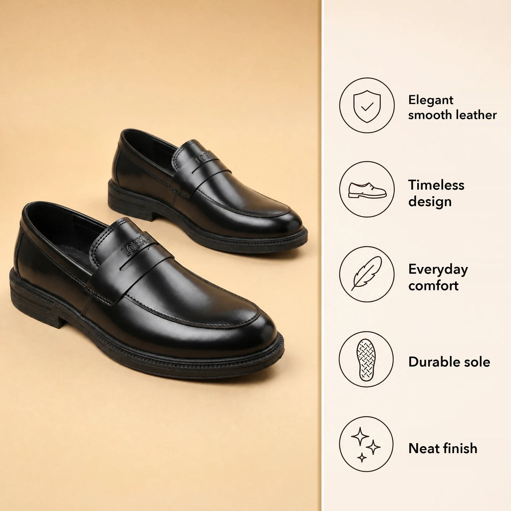 Men's black business loafers with thick sole, top view