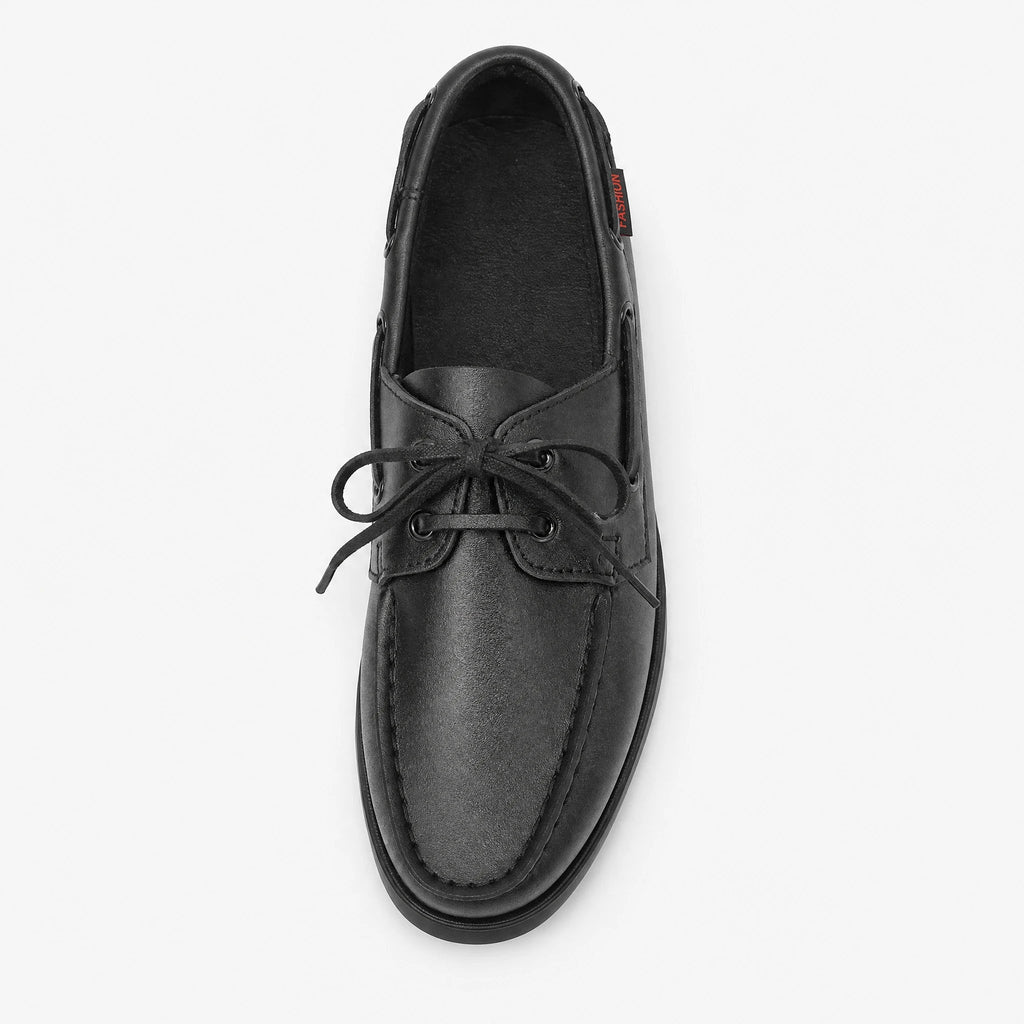 Men's black lace-up leather boat shoes, Black, front view