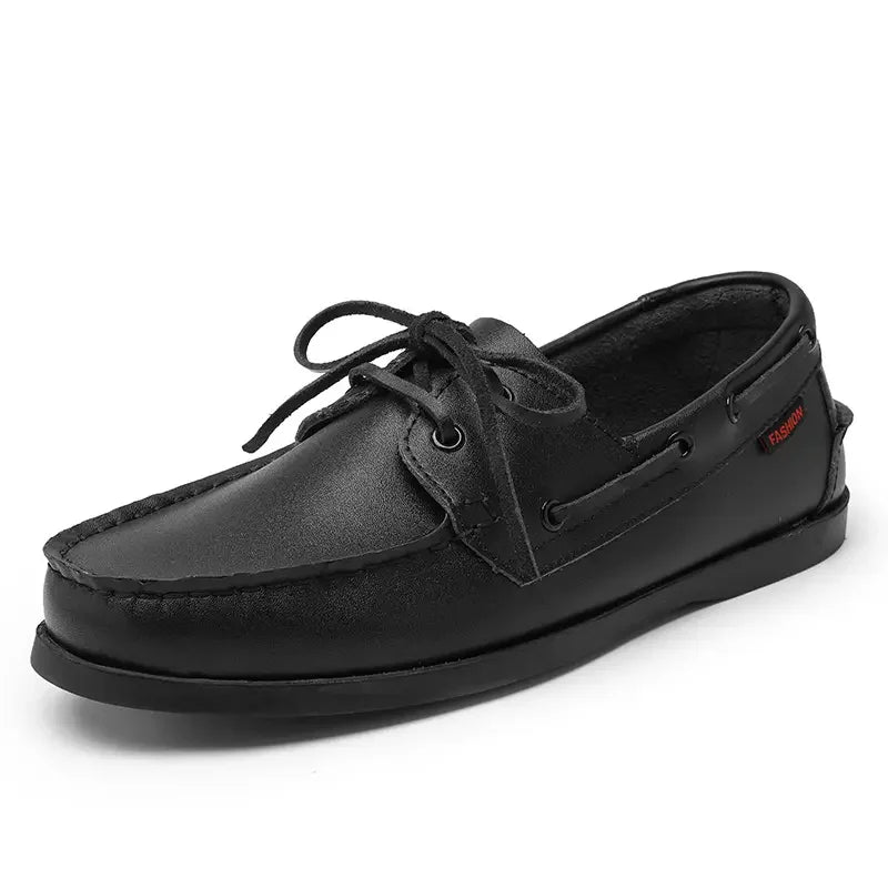 Men's black lace-up leather boat shoes, Black, side view