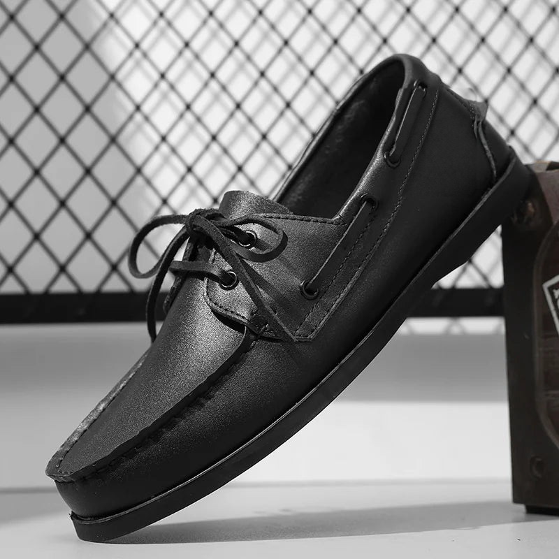 Men's black lace-up leather boat shoes, Black, sole view