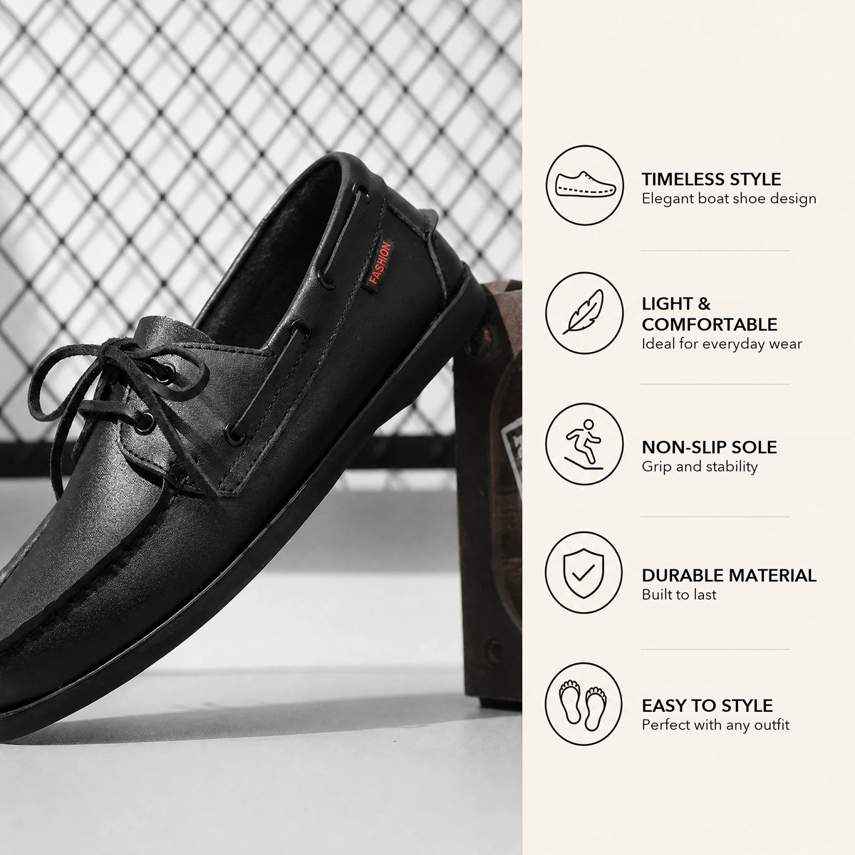 Men's black lace-up leather boat shoes, Black, heel view