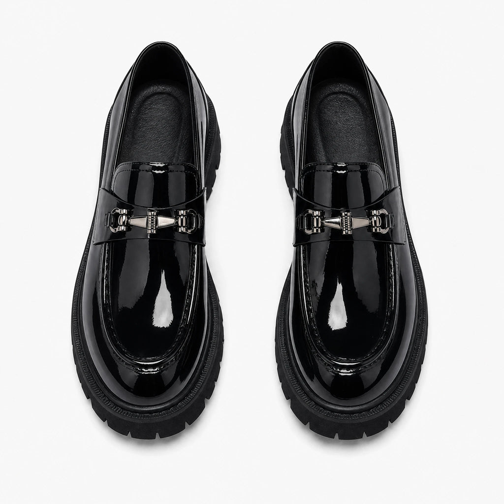 Men's black patent loafer with thick lug sole