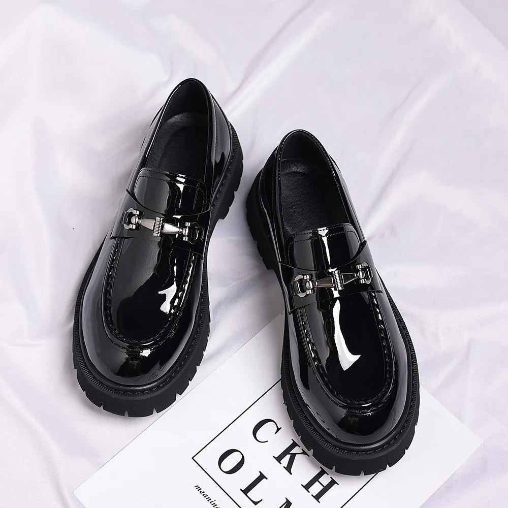 Men's black patent loafer with thick lug sole